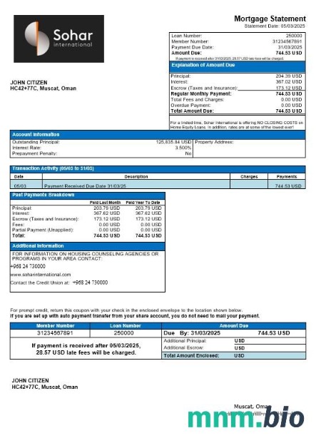 Oman Sohar International wyciąg z kredytu hipotecznego w formatach Word i PDF